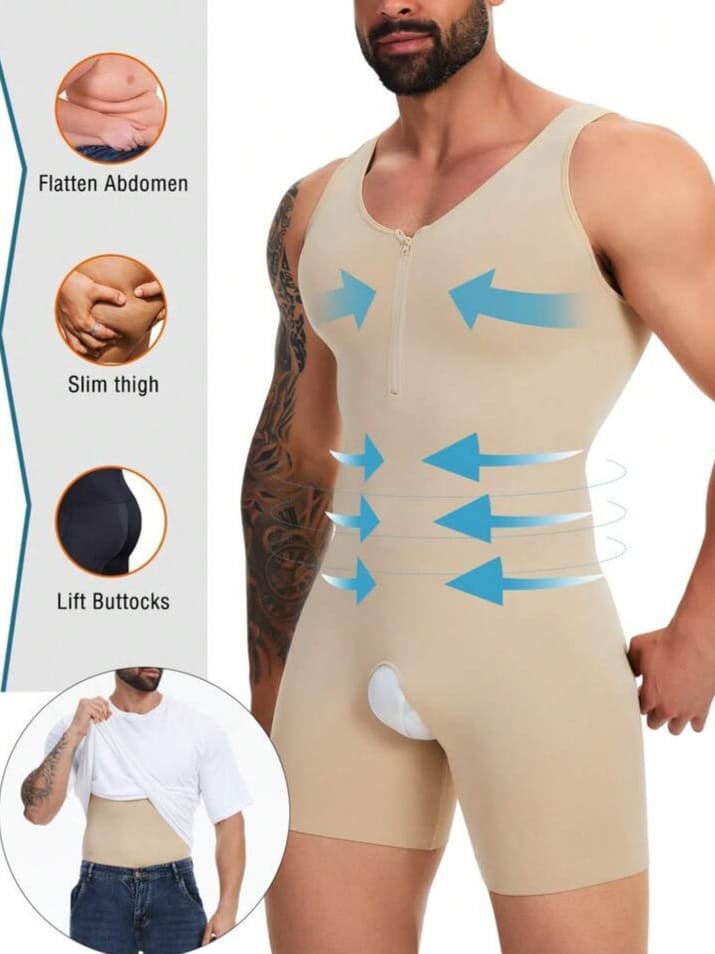 Men's Full Body Compression Shapewear Suit – Slimming Bodysuit with Front Zipper
